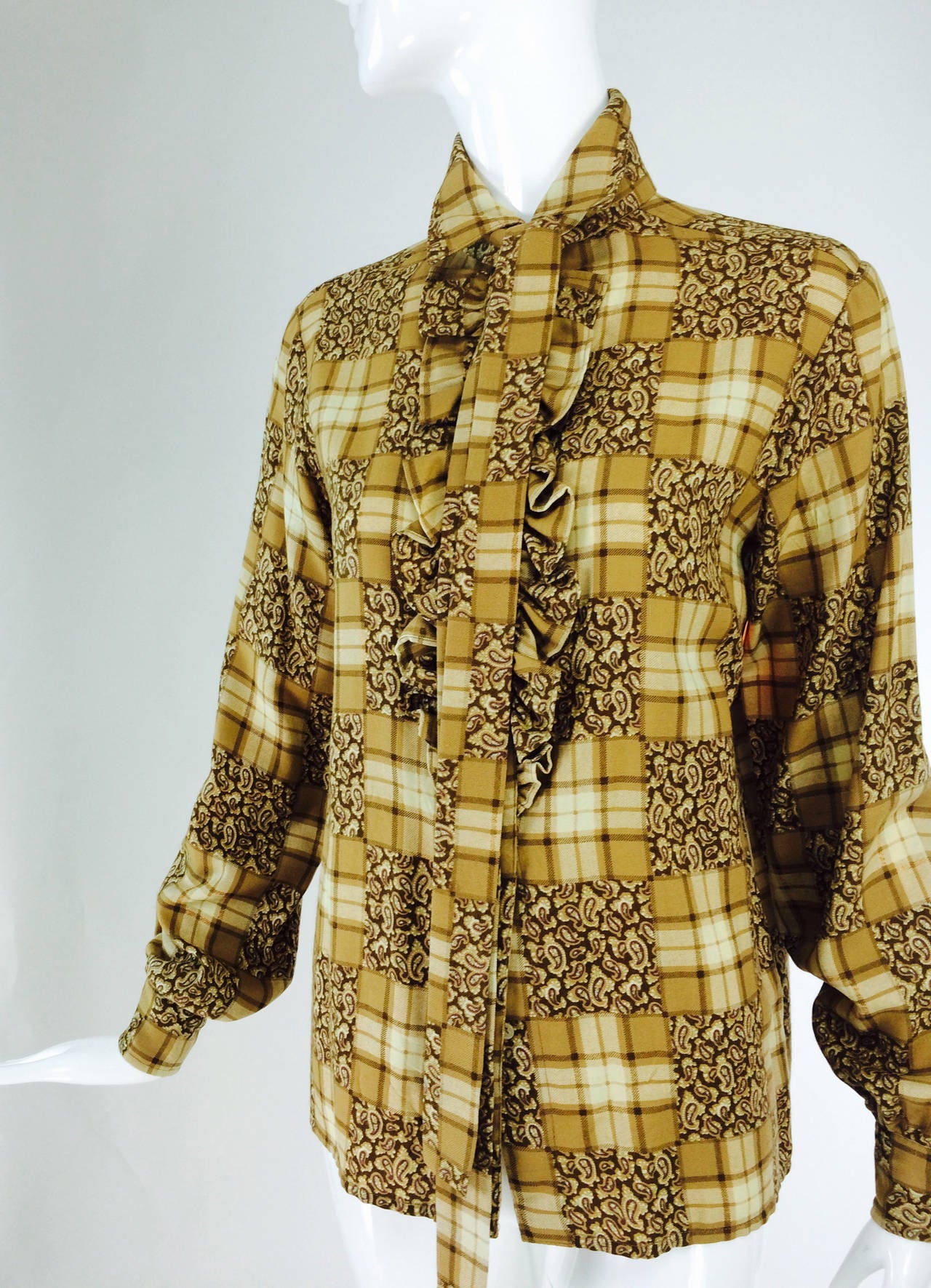 Yves St Laurent YSL Rive Gauche tan plaid ruffle front blouse 1970s 2