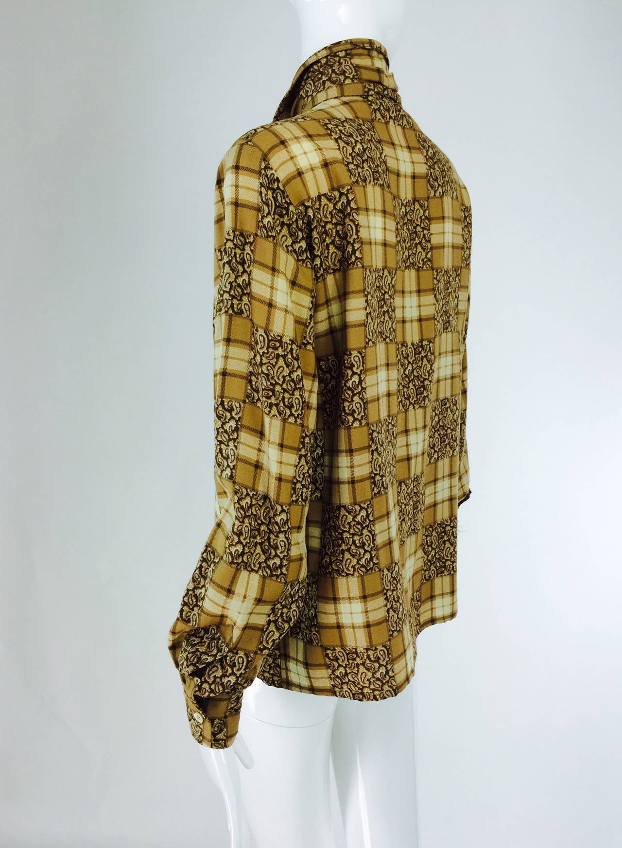Women's Yves St Laurent YSL Rive Gauche tan plaid ruffle front blouse 1970s