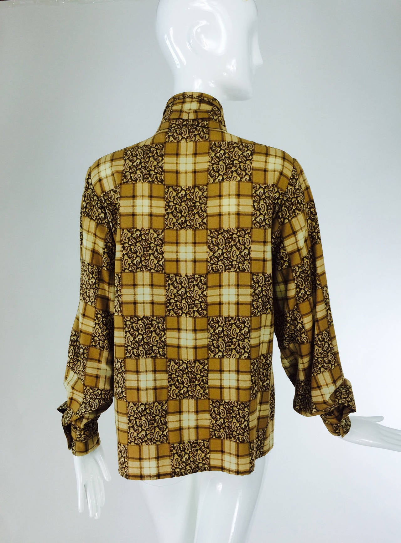 Yves St Laurent YSL Rive Gauche tan plaid ruffle front blouse 1970s In Excellent Condition In West Palm Beach, FL