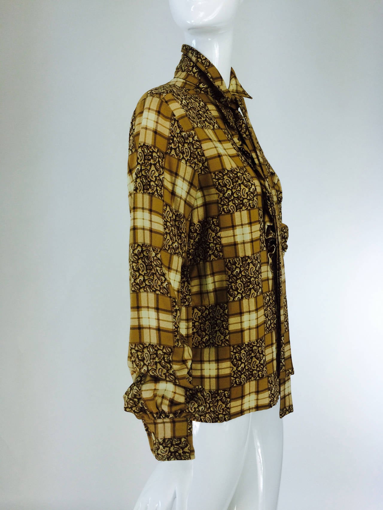Brown Yves St Laurent YSL Rive Gauche tan plaid ruffle front blouse 1970s