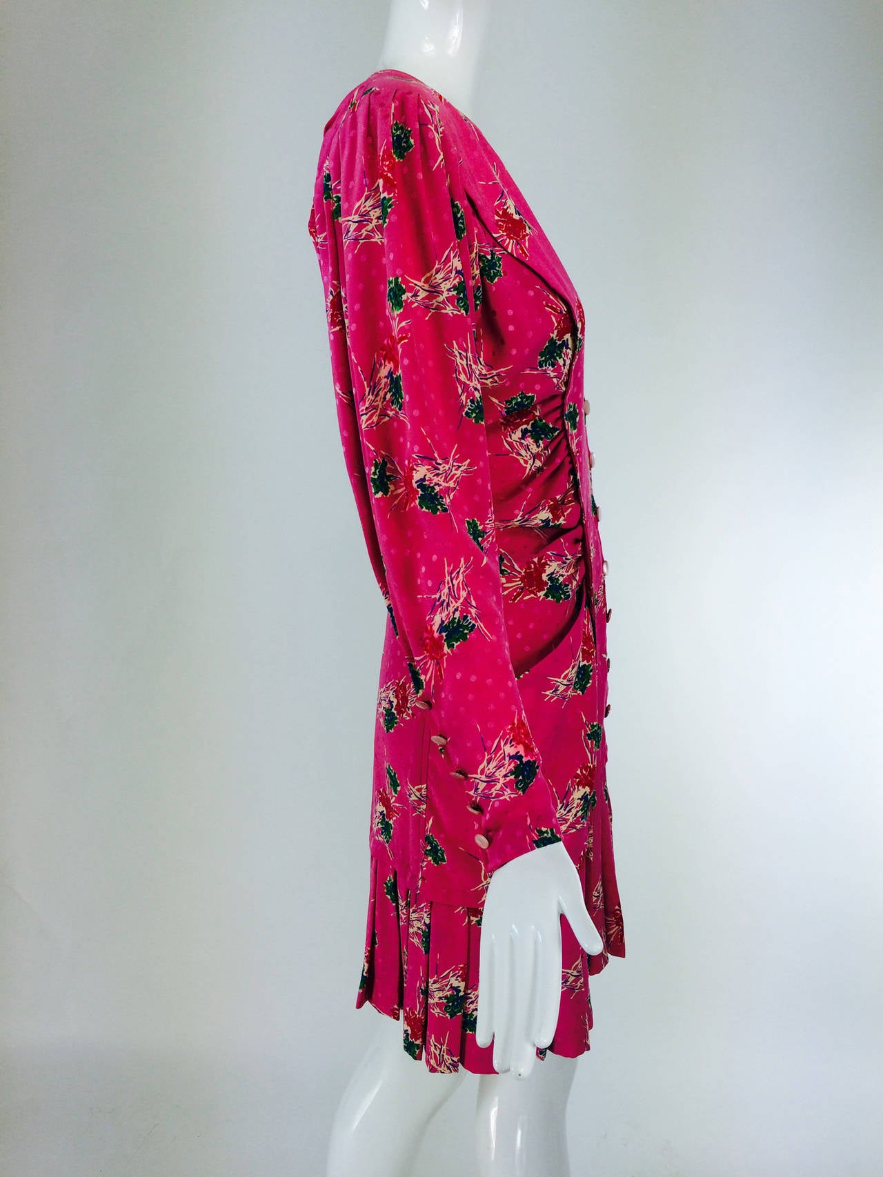 Ungaro hot pink print plunge pleat hem dress 1990s 2