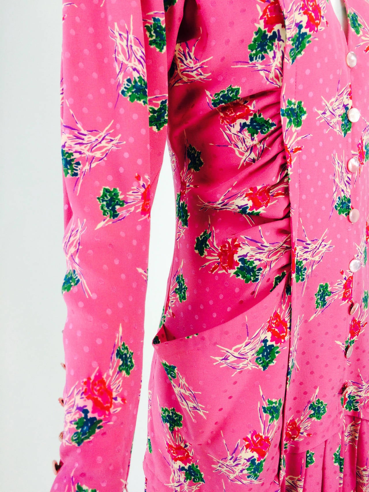 Ungaro hot pink print plunge pleat hem dress 1990s 1