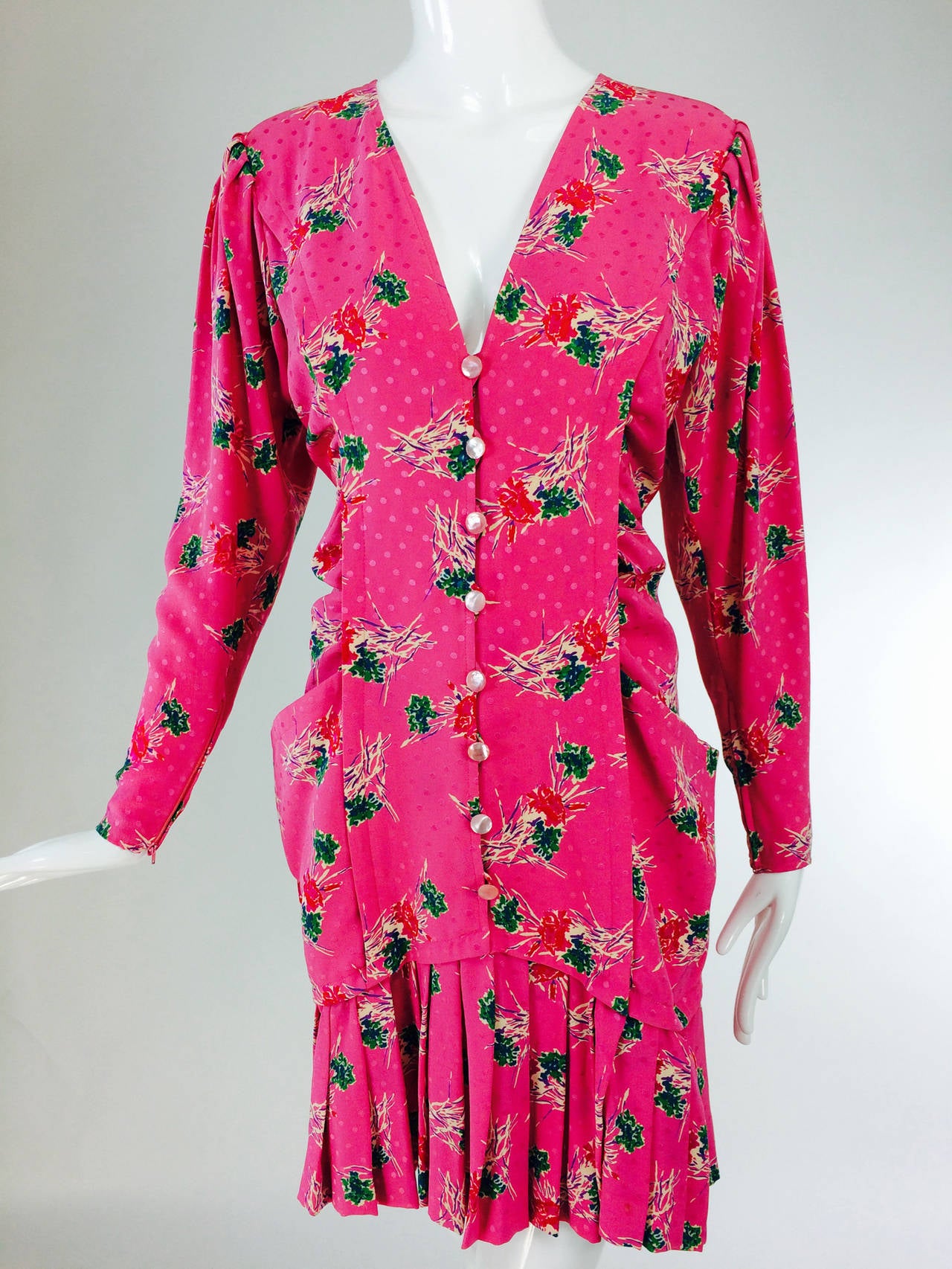 Women's Ungaro hot pink print plunge pleat hem dress 1990s