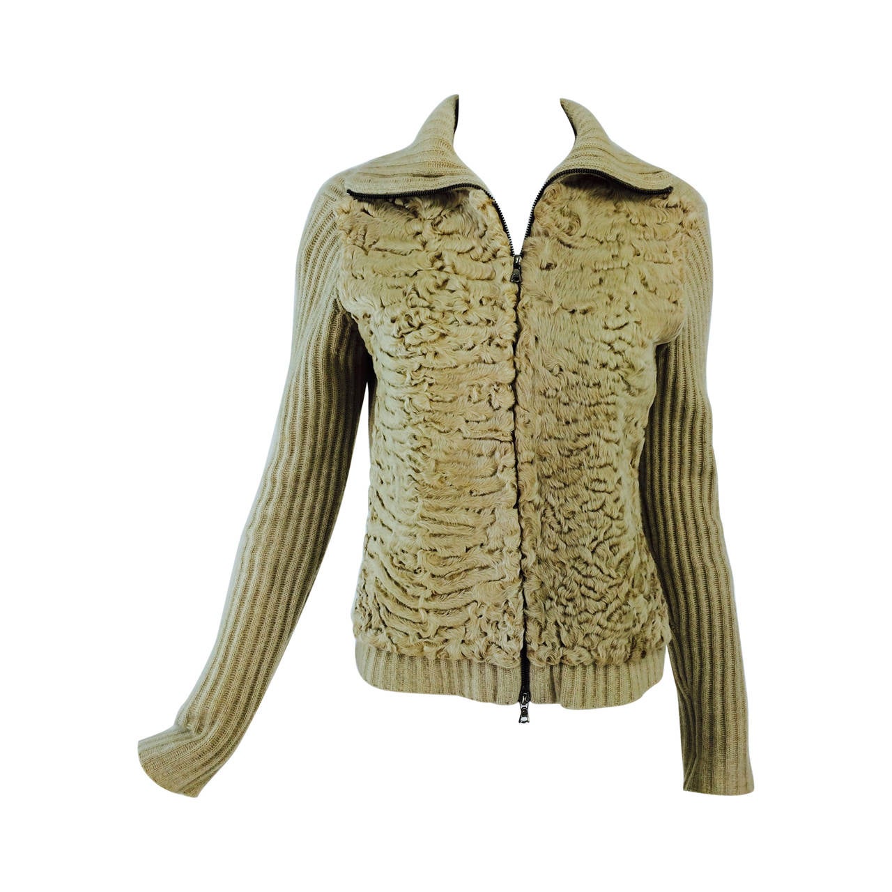 TSE beige cashmere & karakul zip front sweater jacket