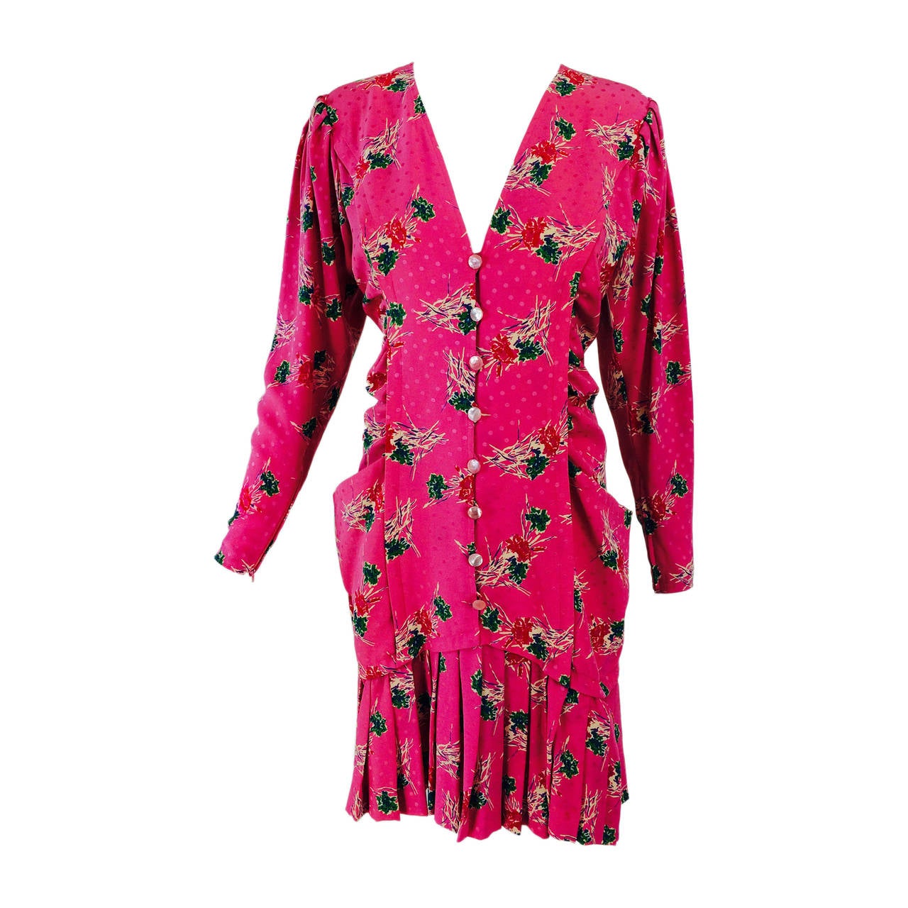 Ungaro hot pink print plunge pleat hem dress 1990s