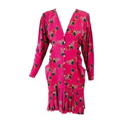 Retro Ungaro hot pink print plunge pleat hem dress 1990s