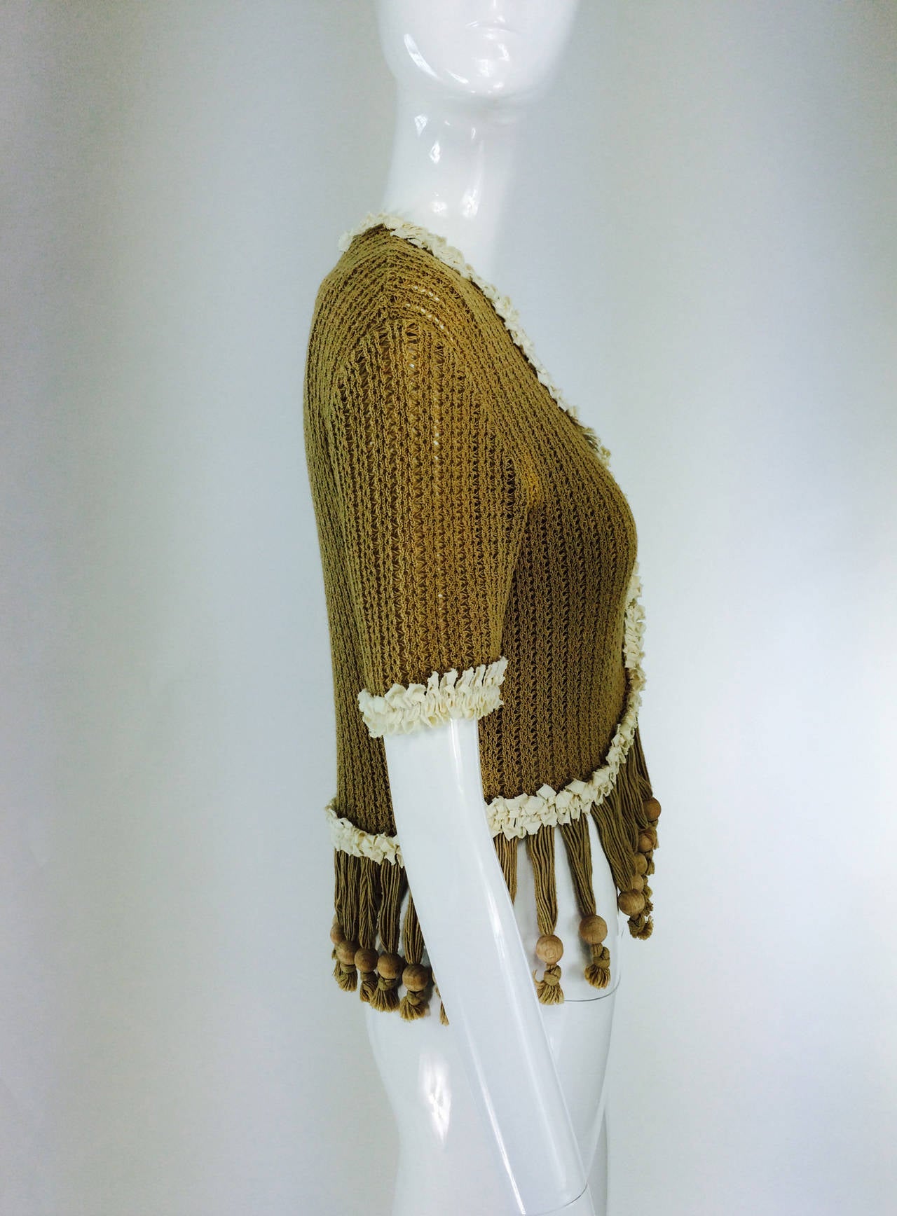Moschino Nature Friendly Garment wooden bead fringe sweater twin set In Excellent Condition In West Palm Beach, FL