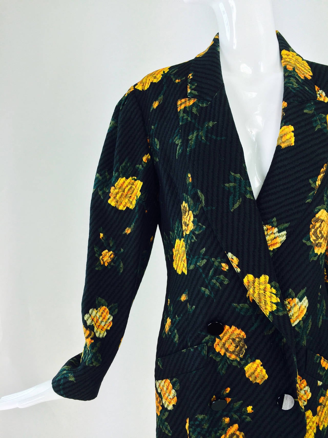 Black Louis Feraud double breasted floral cotton cloque jacket 1980s