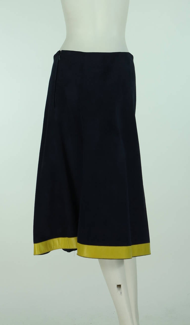 1960s Pierre Cardin space age blue suede and yellow leather skirt In Excellent Condition In West Palm Beach, FL