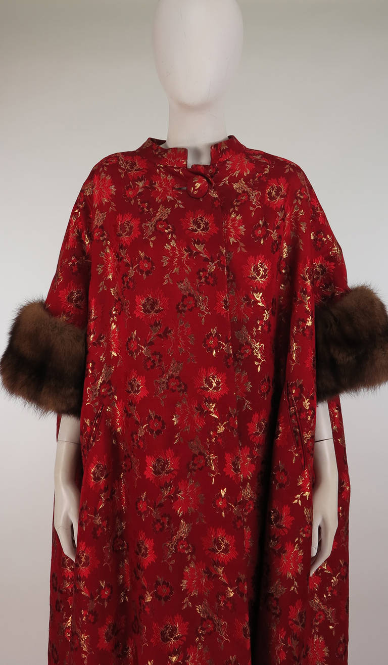 1960s Matlin silk brocade evening coat with sable cuffs winter wedding