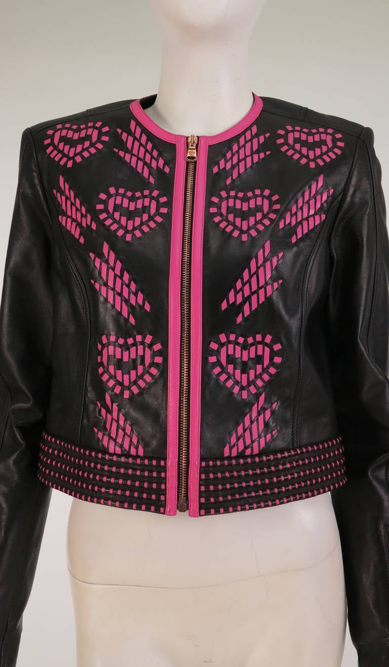 Women's Versace black leather pink laced hearts cropped jacket