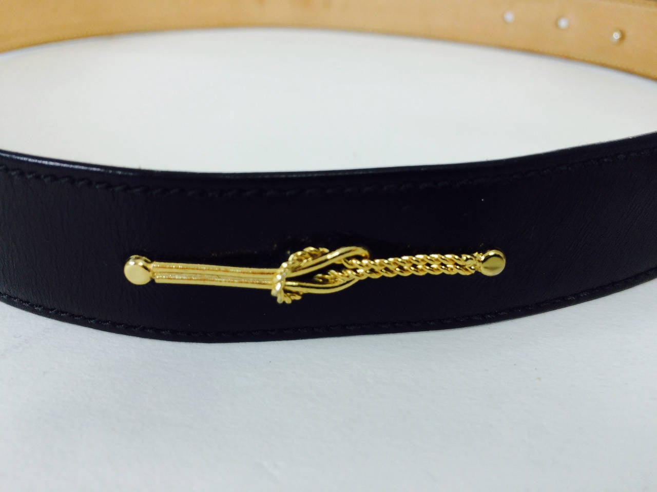 Black Gucci black box calf leather belt with gold harness appliques 28