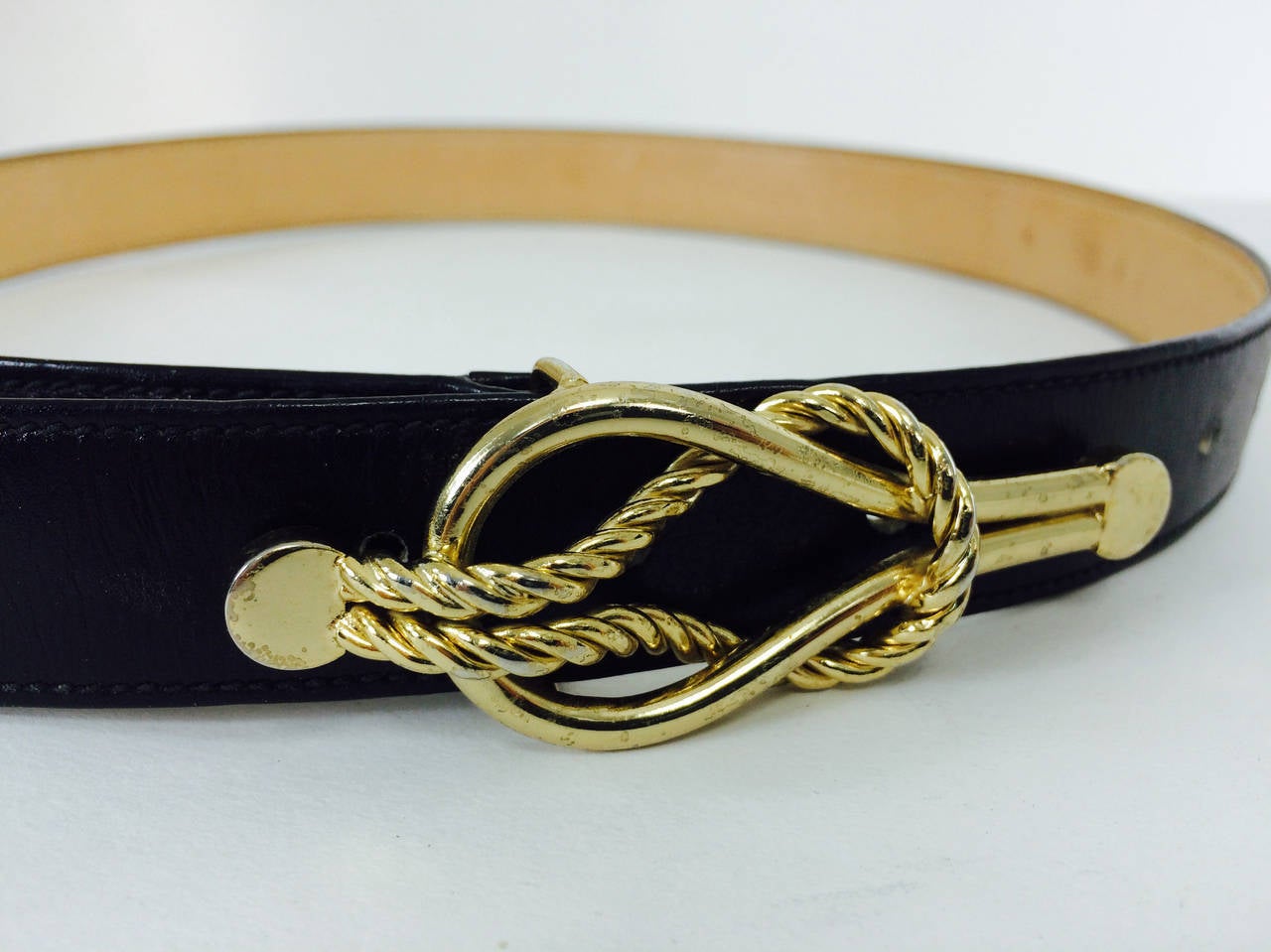 Gucci black box calf leather belt with gold harness appliques 28...In excellent barely worn condition...34