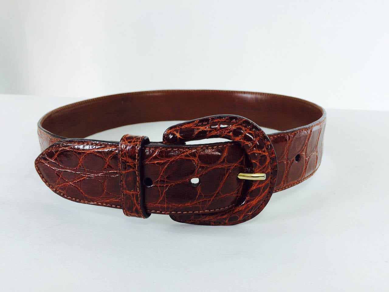 Polo Ralph Lauren wide glazed cognac alligator belt marked size 28, in excellent condition...33 3/4