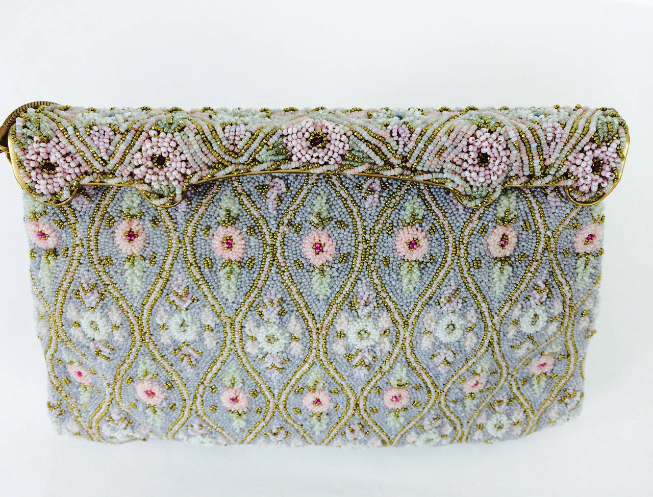 Pastel caviar beaded floral design evening bag made in France 1950s