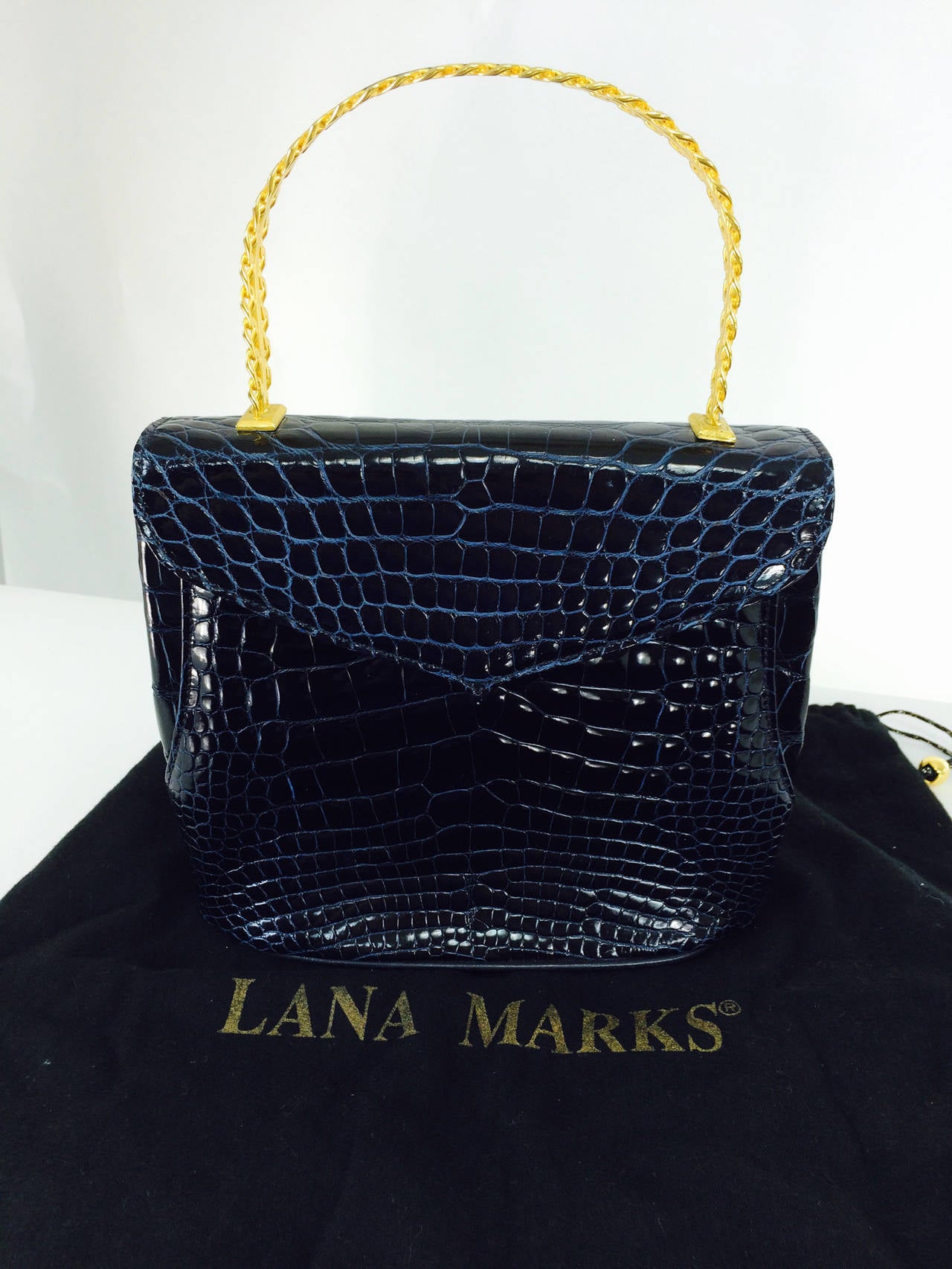 Lana Marks Lana of London navy blue glazed alligator handbag 1980s 2