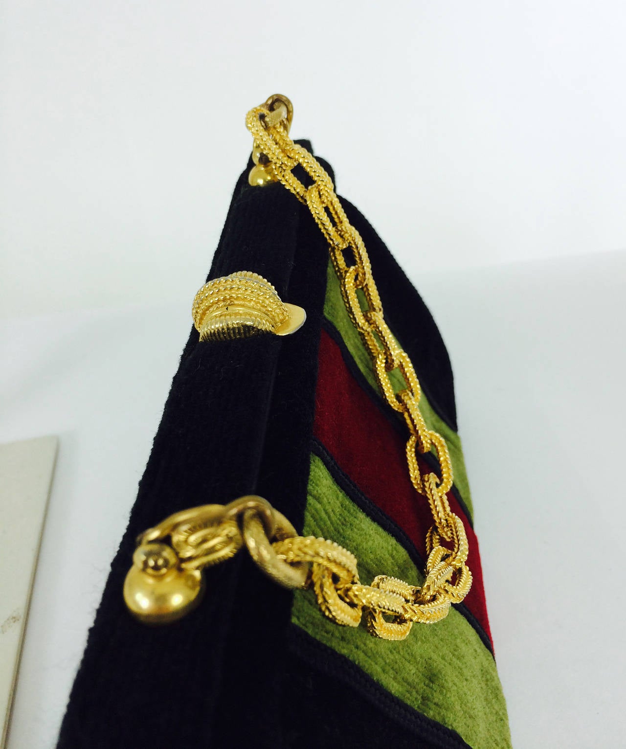 Women's Velvet chain handle bag in red, black & green 1970s