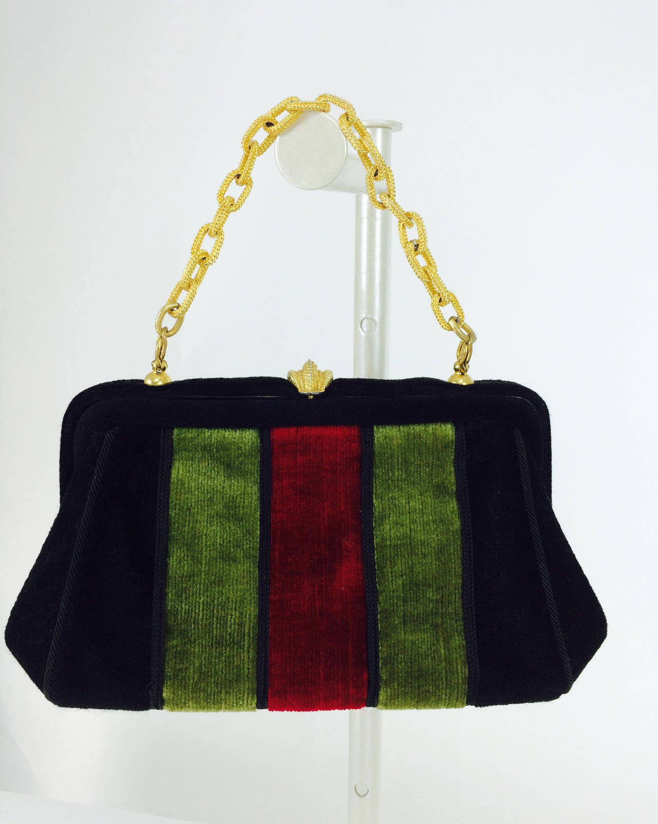 Velvet chain handle bag in red, black & green 1970s 2
