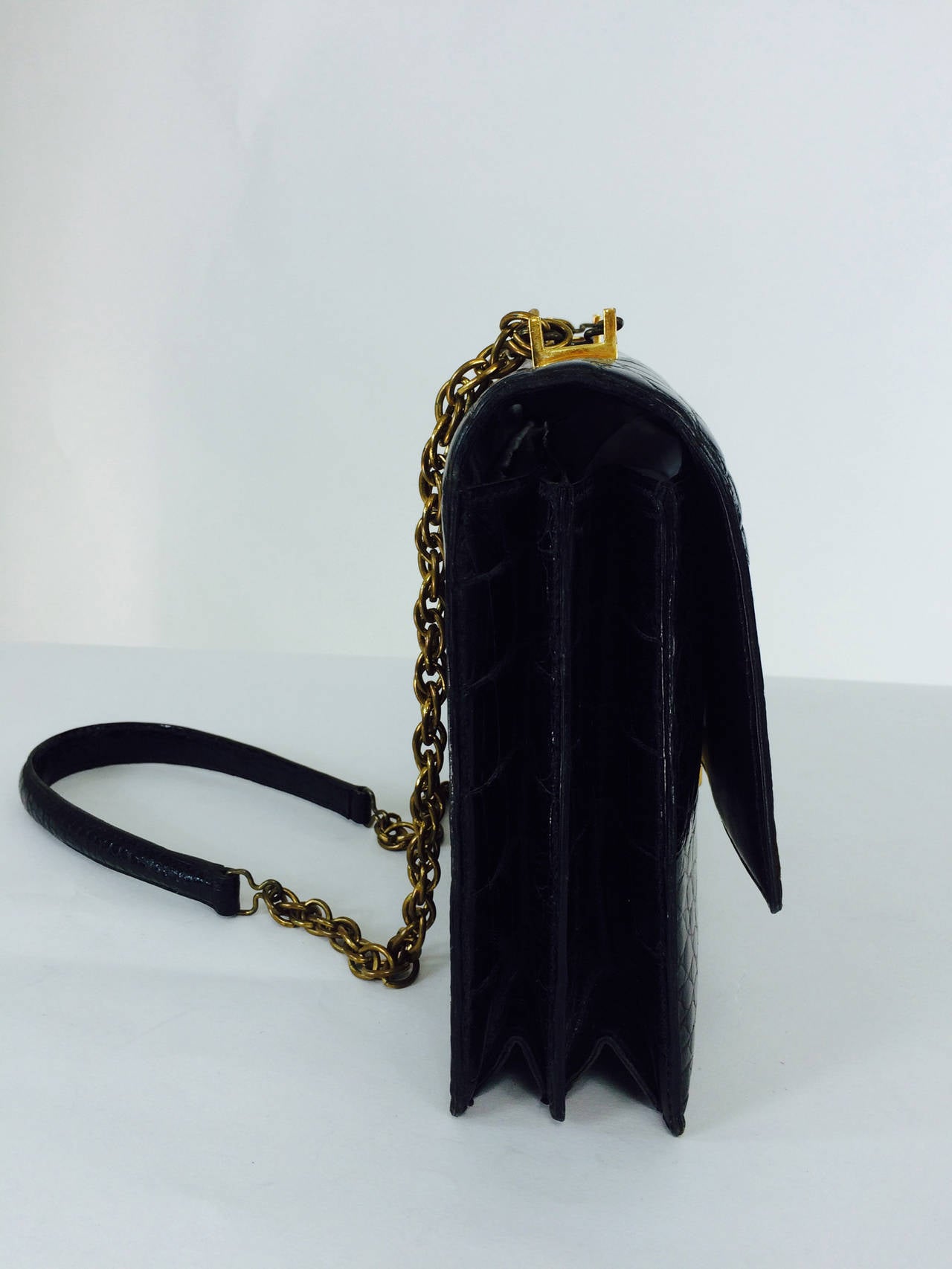 Crocodile shoulder bag with glazed black skins & gold plated hardware 1970s 3
