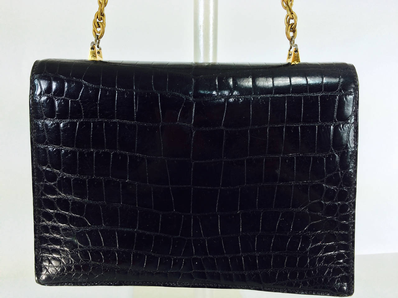 Crocodile shoulder bag with glazed black skins & gold plated hardware 1970s 2