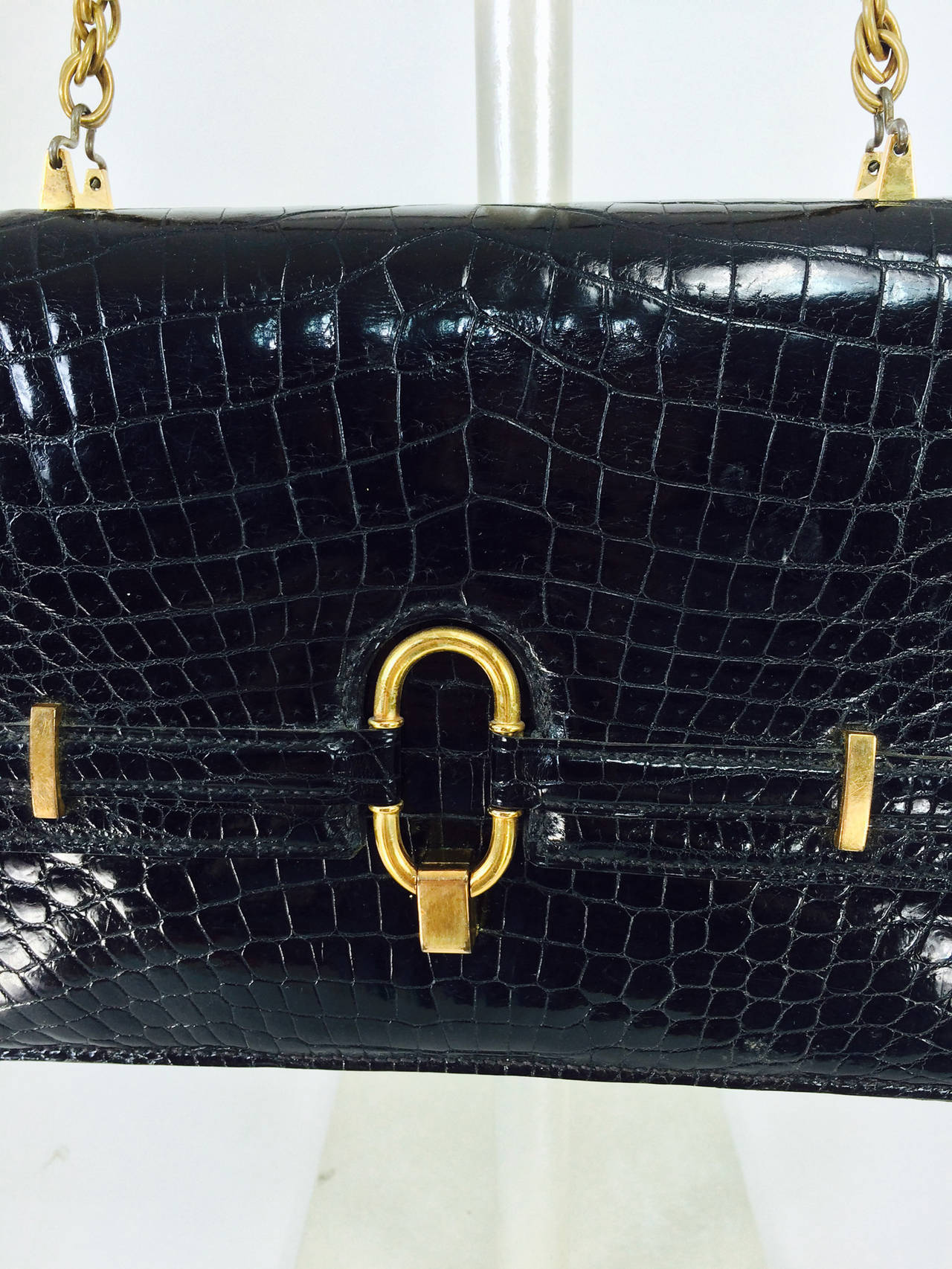 Women's Crocodile shoulder bag with glazed black skins & gold plated hardware 1970s