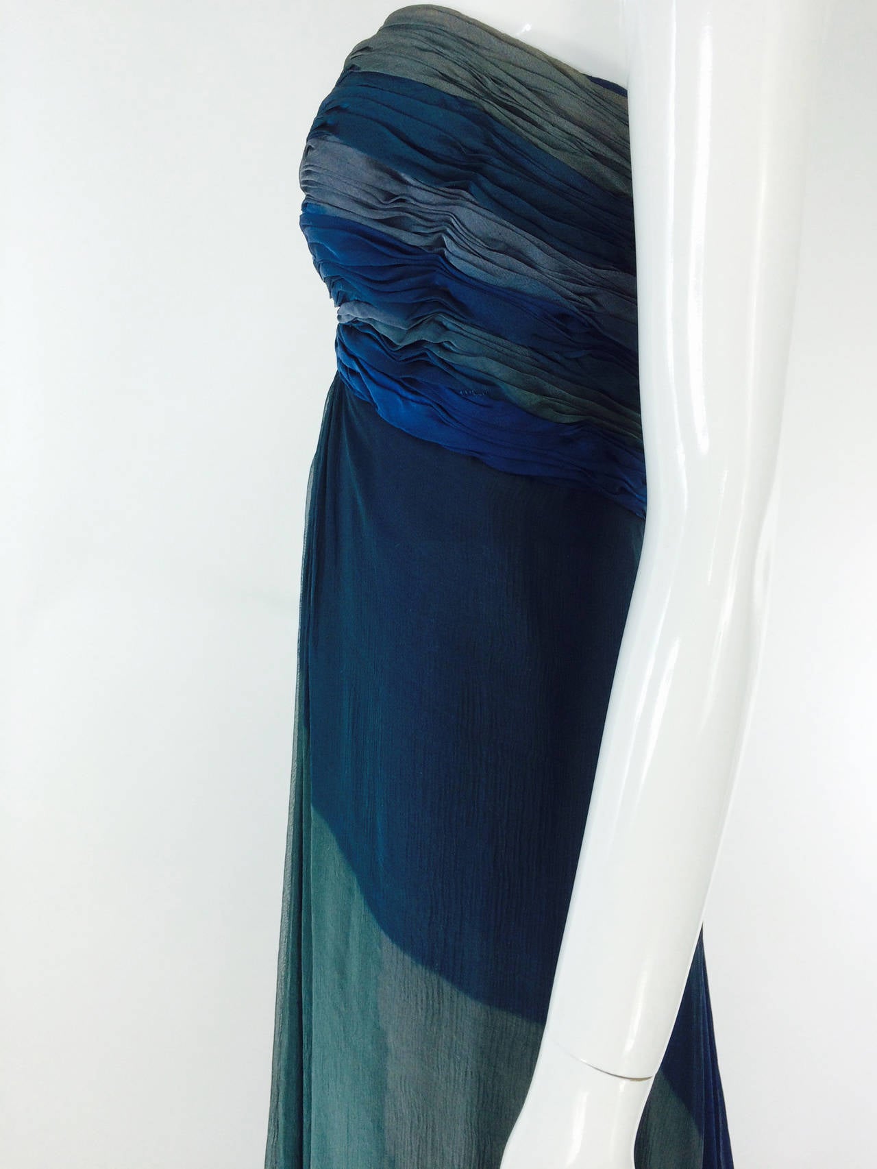 Oscar de la Renta teal tone on tone chiffon goddess gown 1970s In Excellent Condition In West Palm Beach, FL