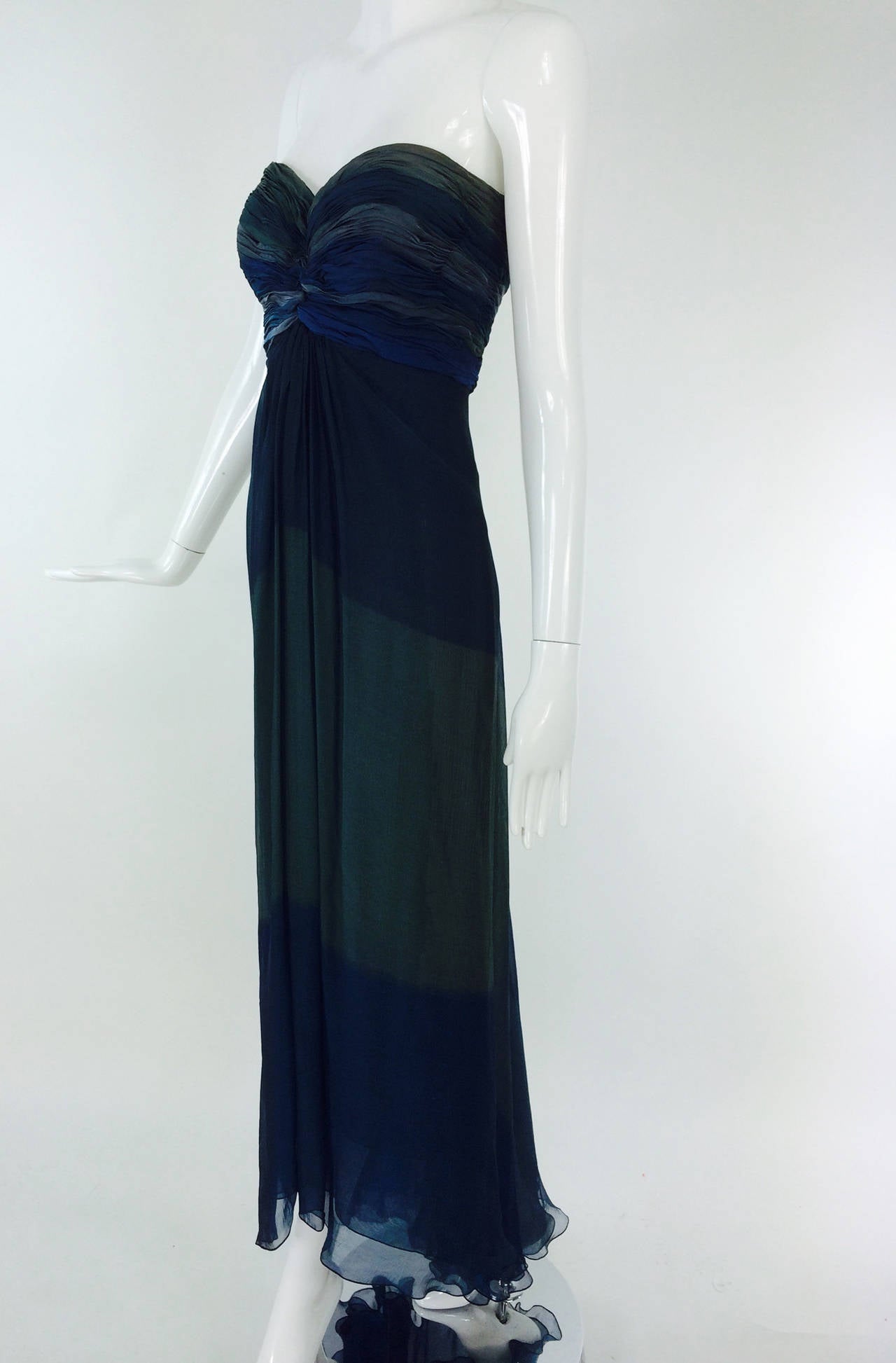 Women's Oscar de la Renta teal tone on tone chiffon goddess gown 1970s