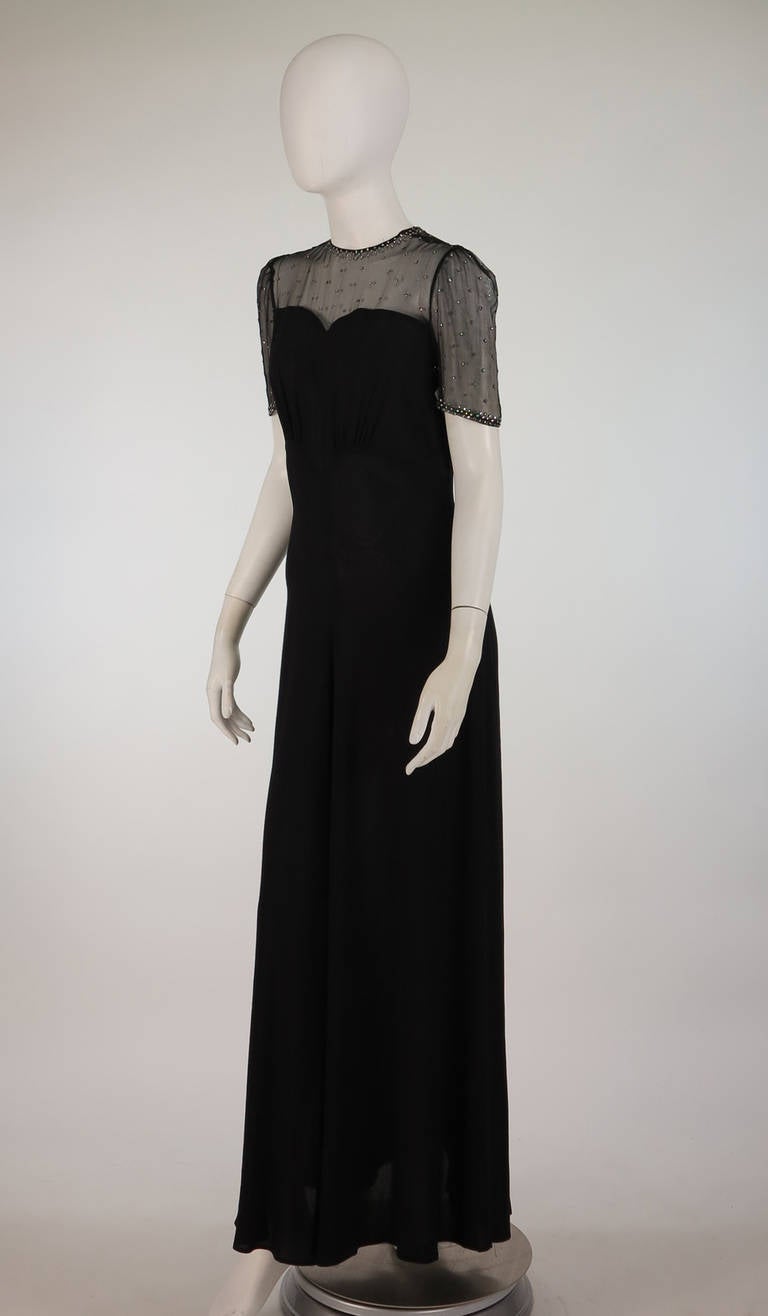 1930s Black crepe & black chiffon rhinestone evening dress