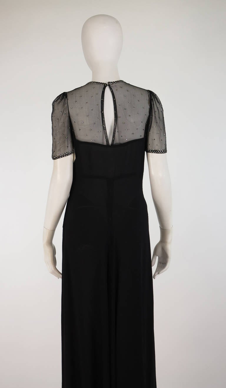 1930s Black crepe and black chiffon rhinestone evening dress at 1stDibs