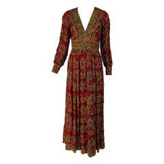 Oscar de la Renta currant red silk chiffon gown with gold braid & sequins 1970s 4