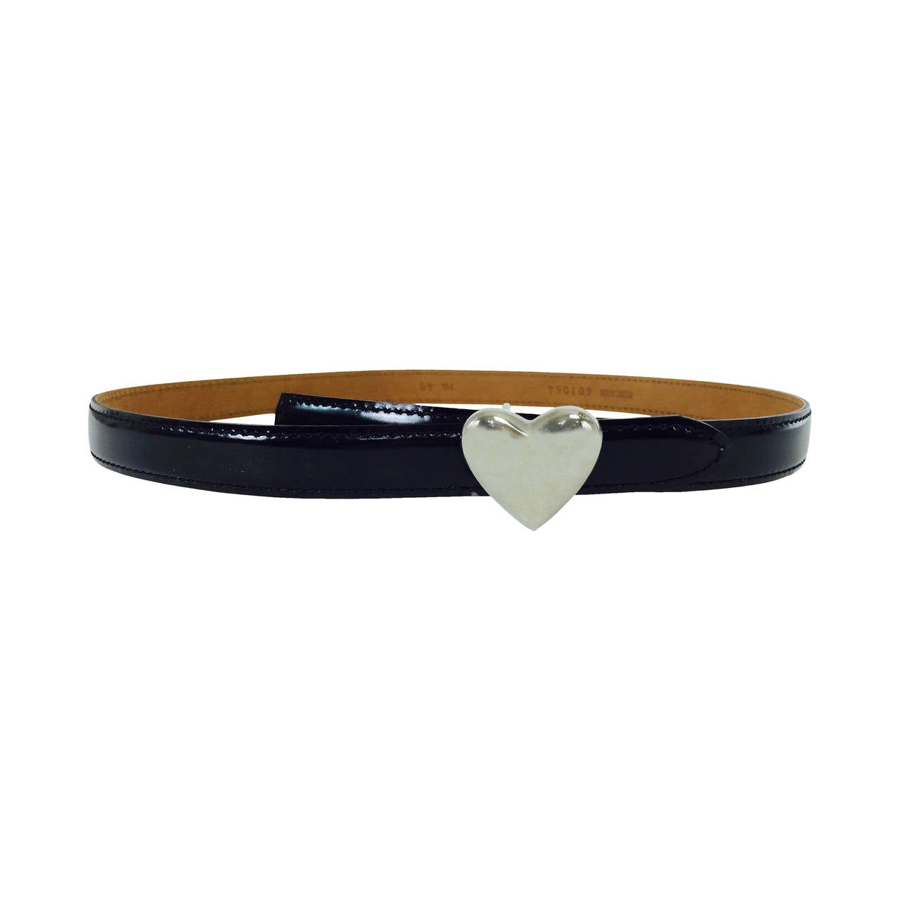 Moschino black patent belt with silver heart buckle