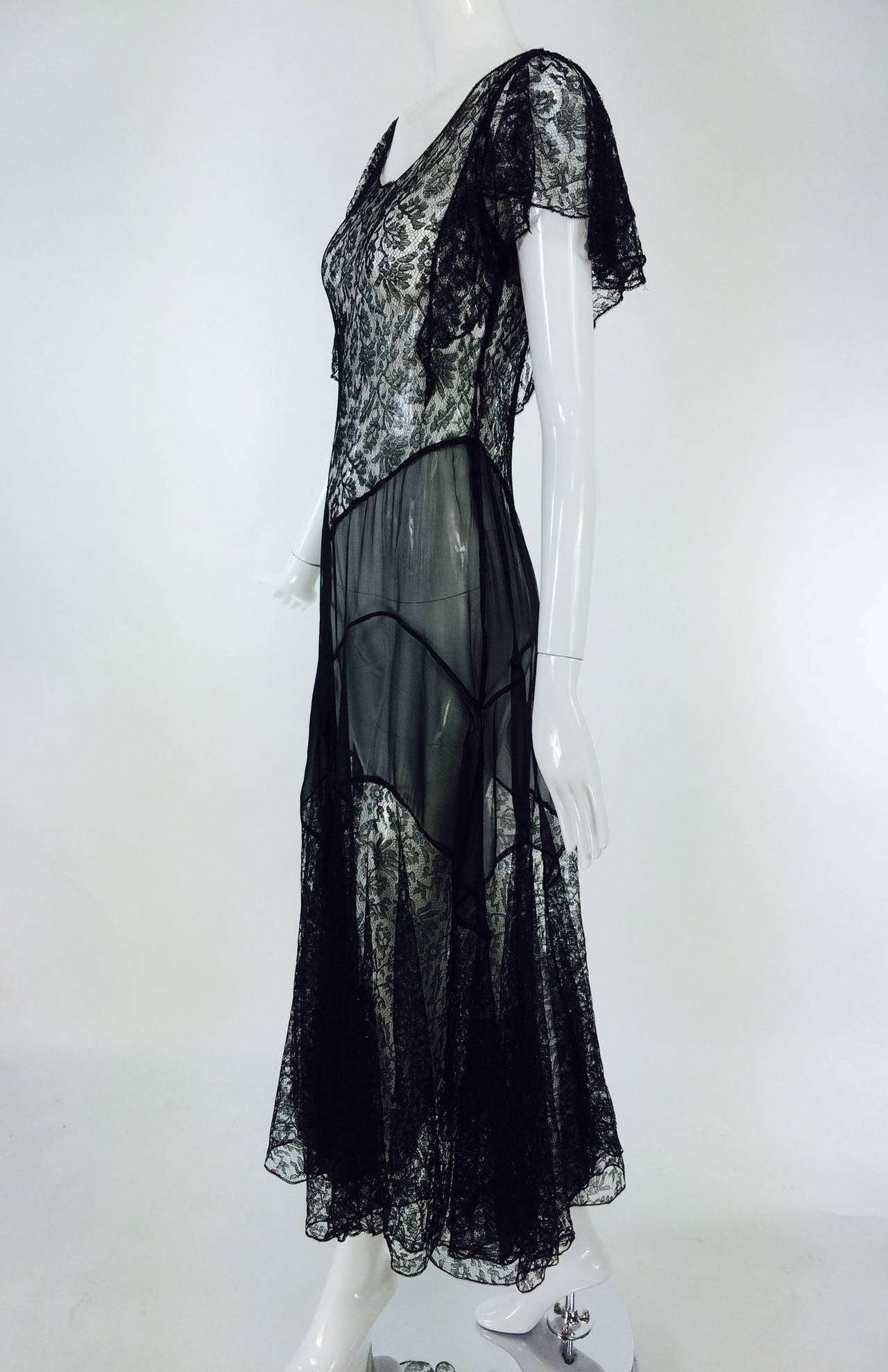Sheer black lace and silk chiffon bias cut dress 1930s at 1stDibs