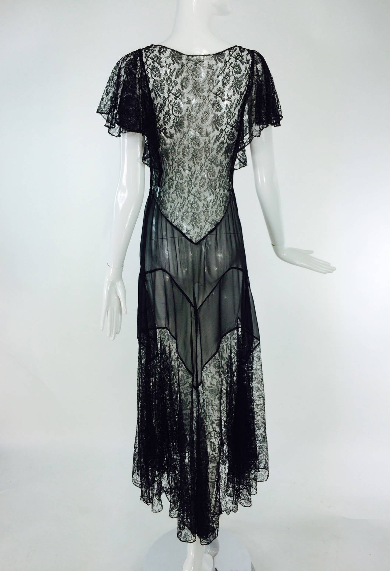 Sheer black lace and silk chiffon bias cut dress 1930s at 1stDibs