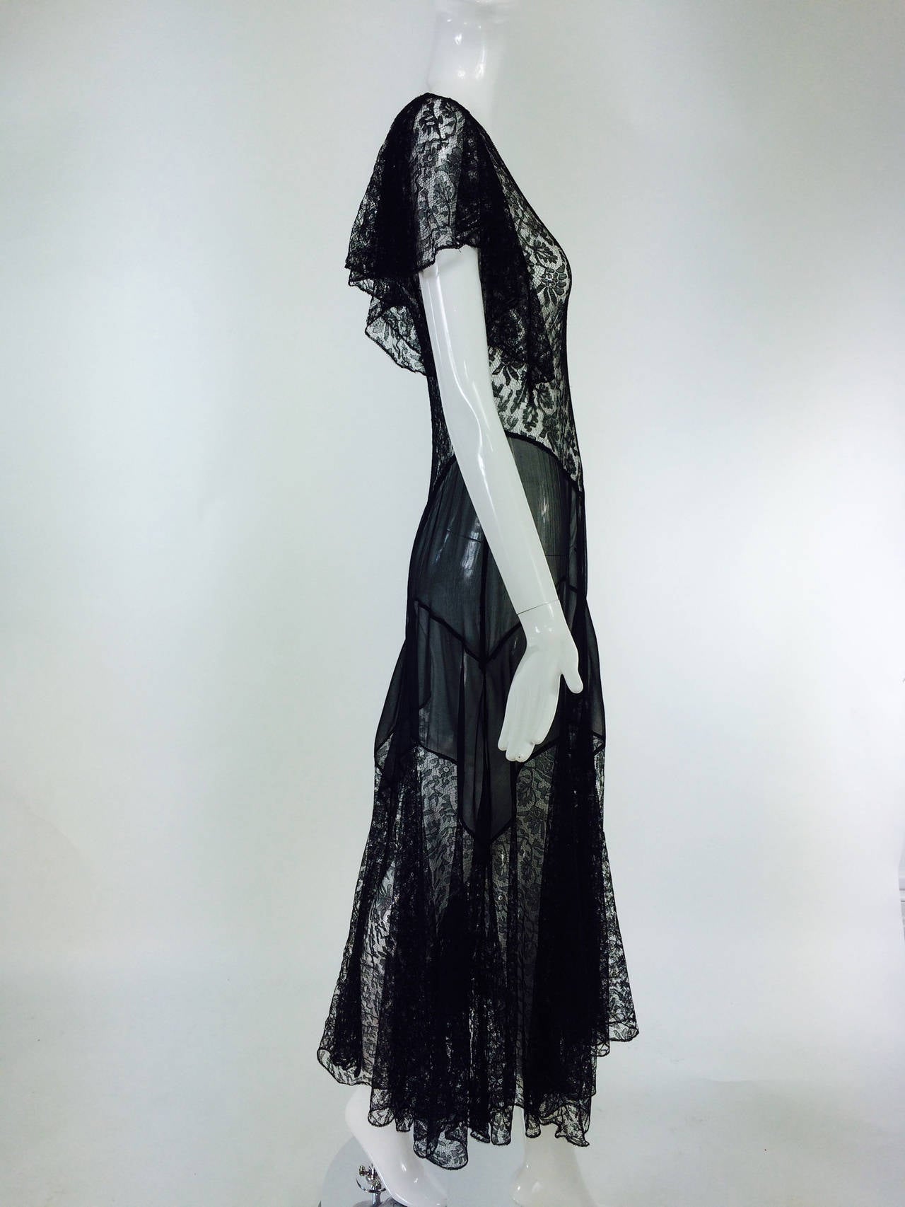 Small 1930s Black Silk Dress Bias Cut Mesh Short Sleeves