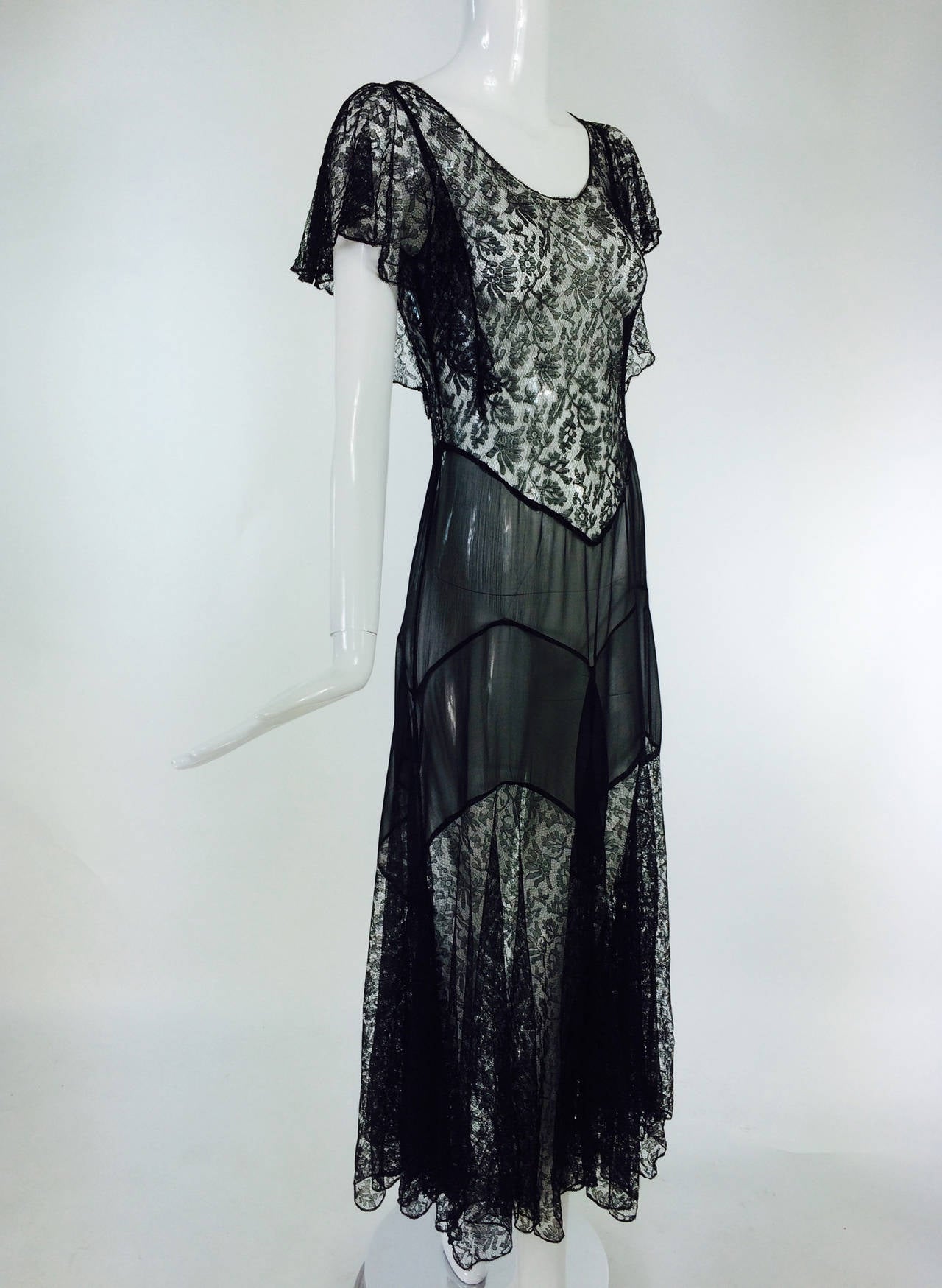 Sheer black lace & silk chiffon bias cut dress 1930s