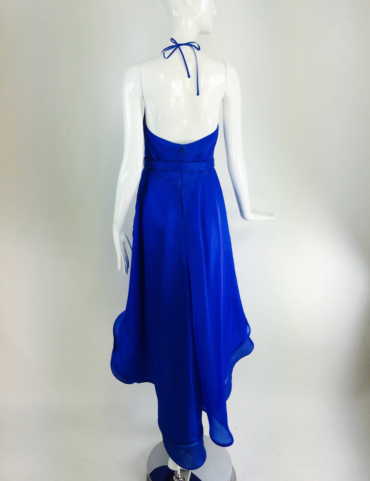Fiandaca cerulean blue silk halter neck shaped hem gown 1990s In Excellent Condition In West Palm Beach, FL