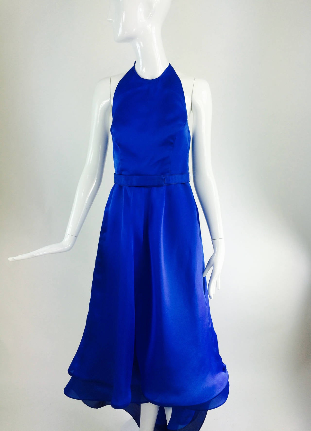 Fiandaca cerulean blue silk halter neck shaped hem gown 1990s 1