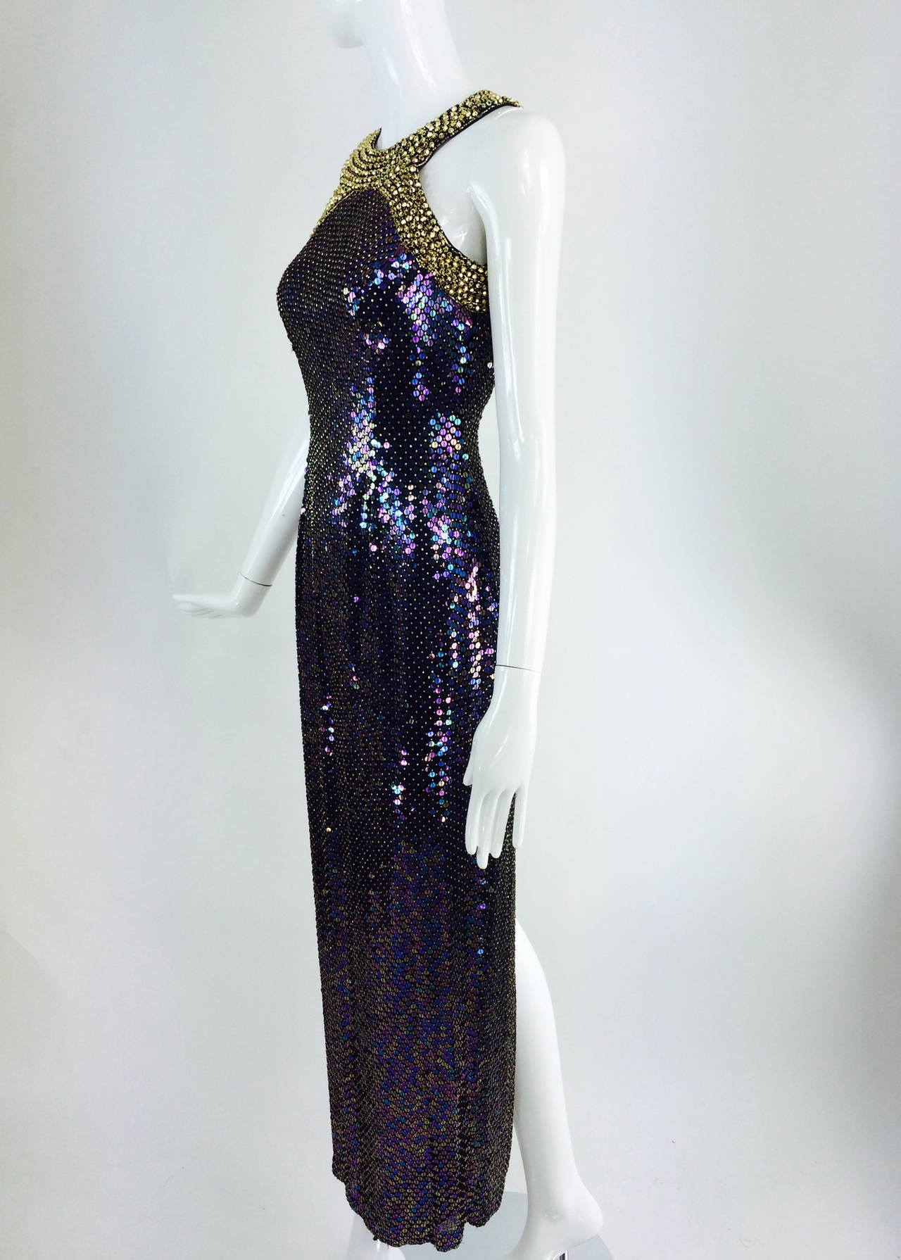 Oleg Cassini gold beaded halter neck iridescent sequin gown  1980s In Excellent Condition In West Palm Beach, FL