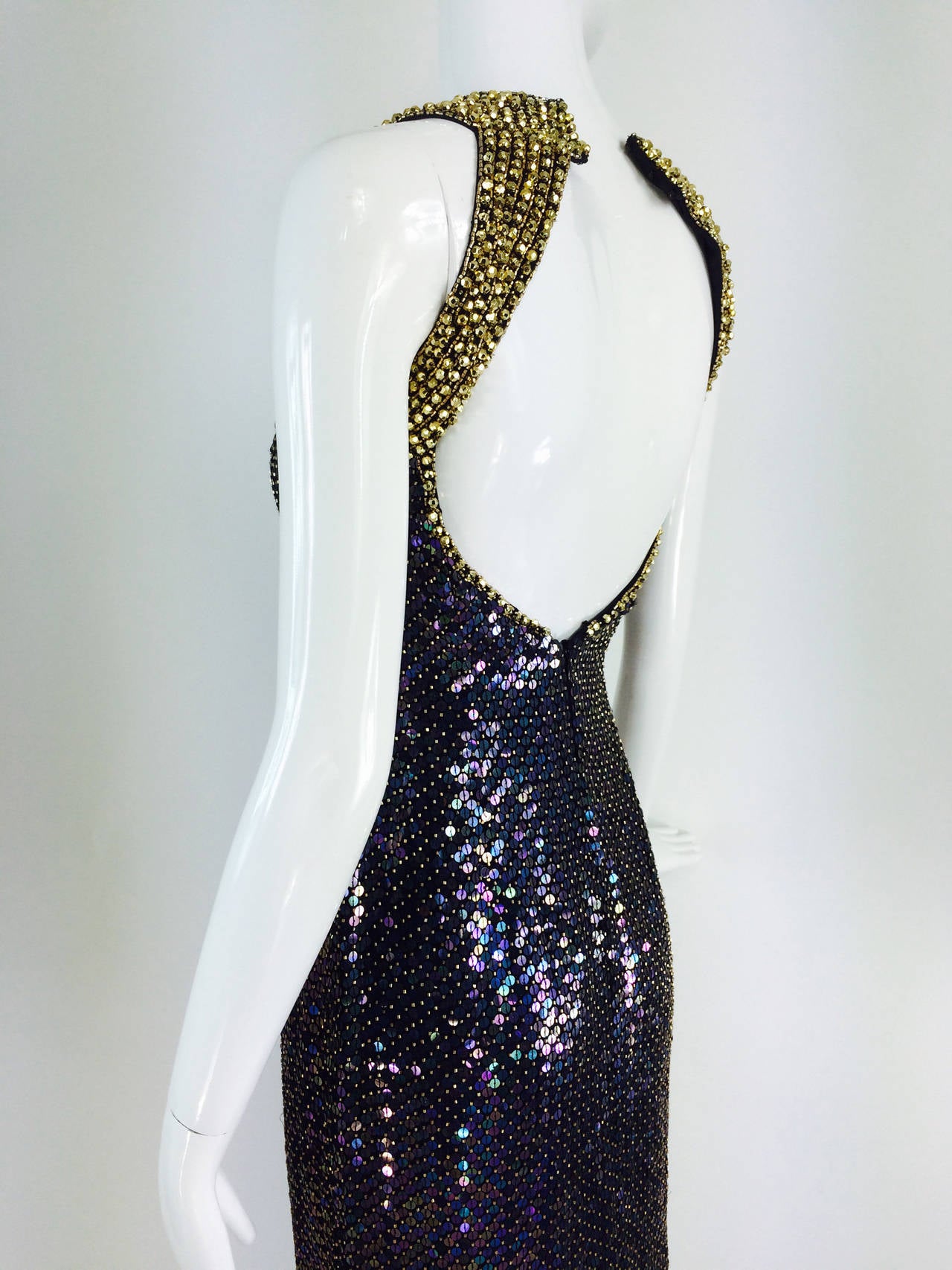 Oleg Cassini gold beaded halter neck iridescent sequin gown  1980s 4