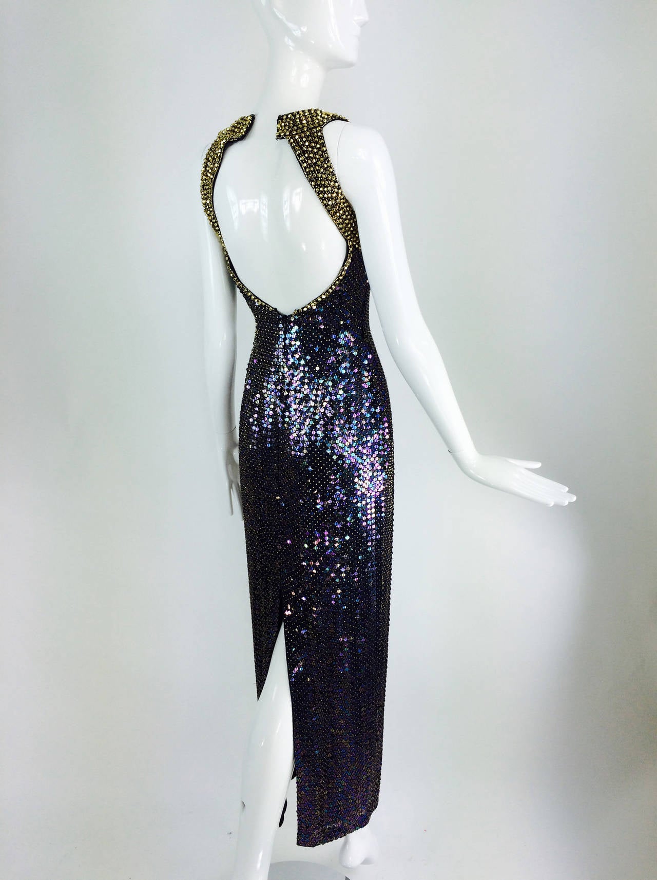 Oleg Cassini gold beaded halter neck iridescent sequin gown  1980s 1