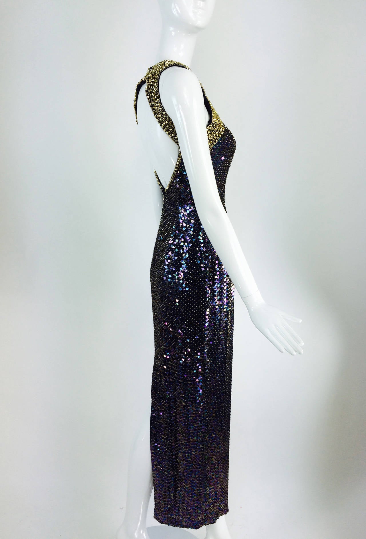 Women's Oleg Cassini gold beaded halter neck iridescent sequin gown  1980s