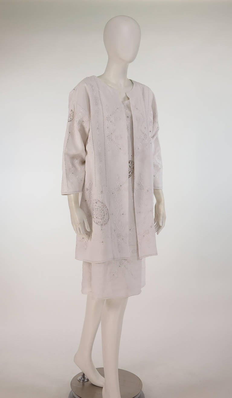 Gray 1960s Embroidered Linen & Retecella lace dress & coat