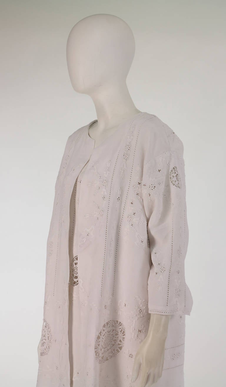 1960s Embroidered Linen & Retecella lace dress & coat 4