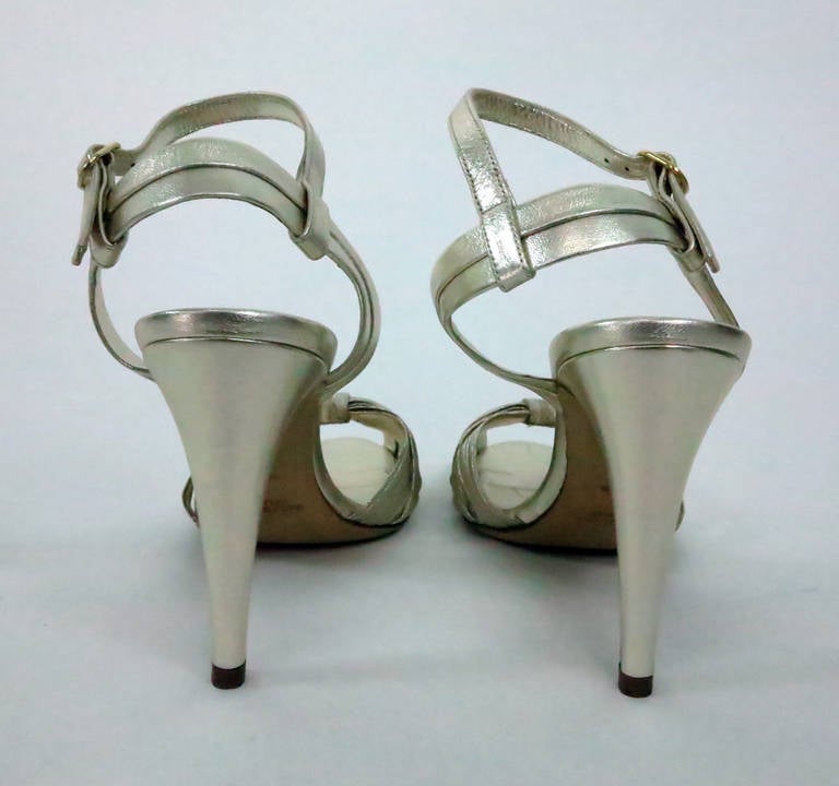 Ralph Lauren Collection silver 30s inspired evening sandals unworn In New Condition In West Palm Beach, FL