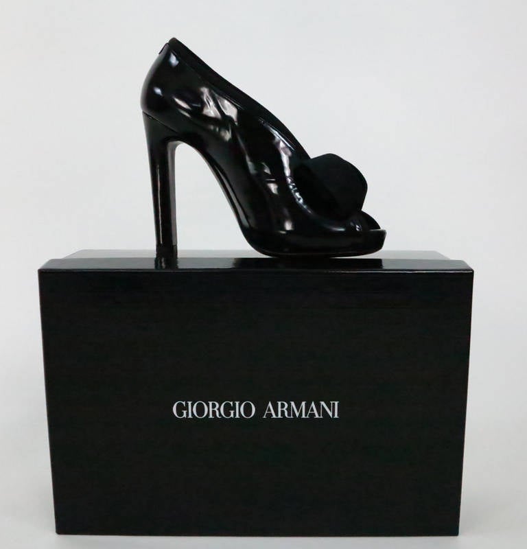 Black Georgio Armani black patent leather open toe tuxedo bootie NIB 36M