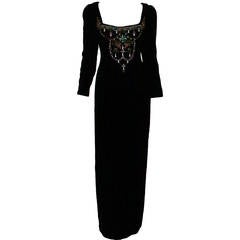 1990s Oscar de la Renta bejeweled black velvet evening gown