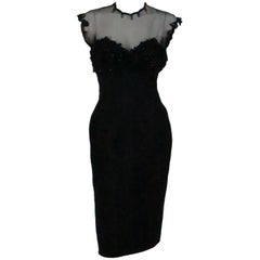1950s Tur Zel Miami Beach black illusion & jewel bust silk cocktail dress