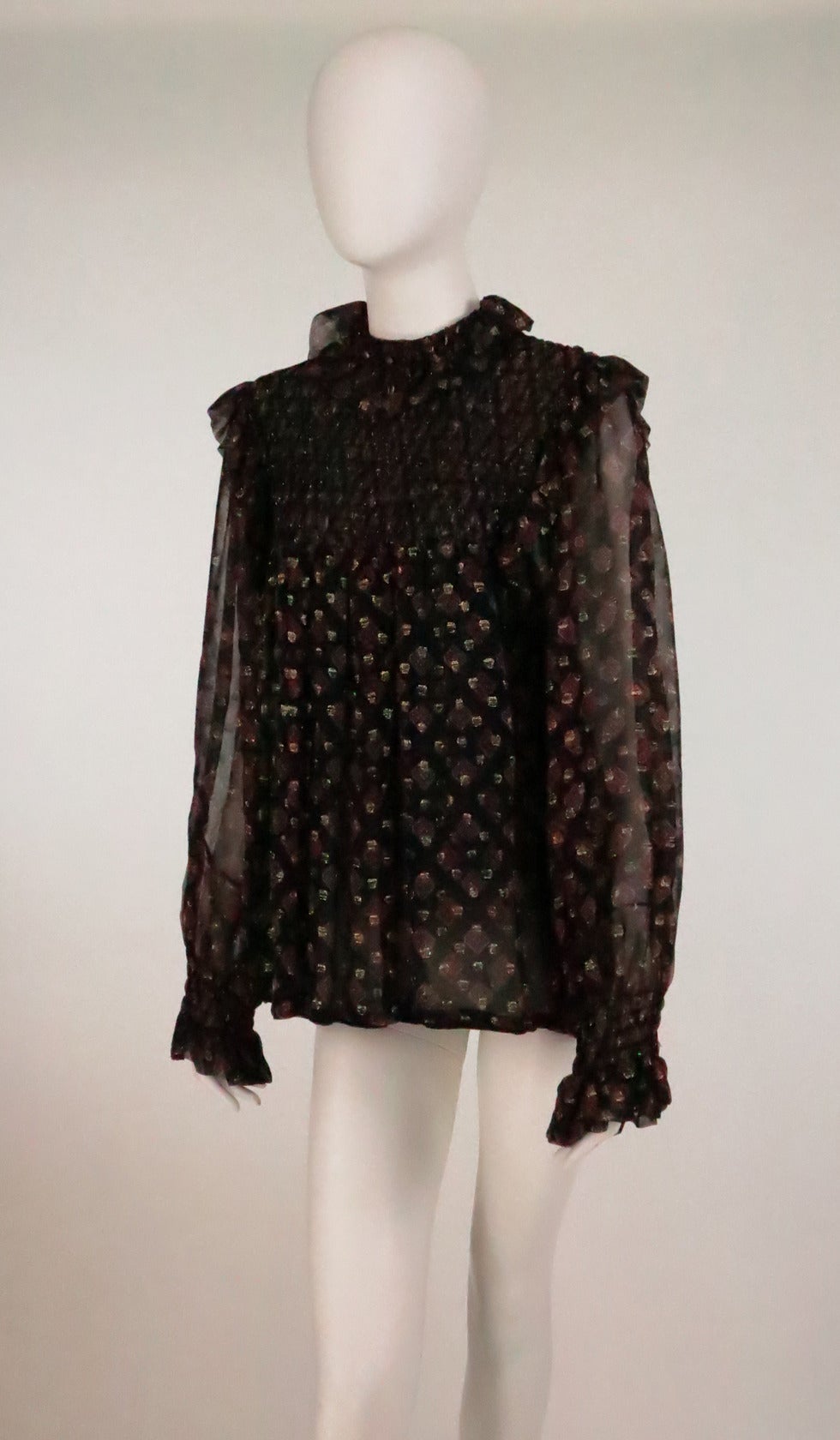 1970s Yves St Laurent Russian collection metallic chiffon blouse