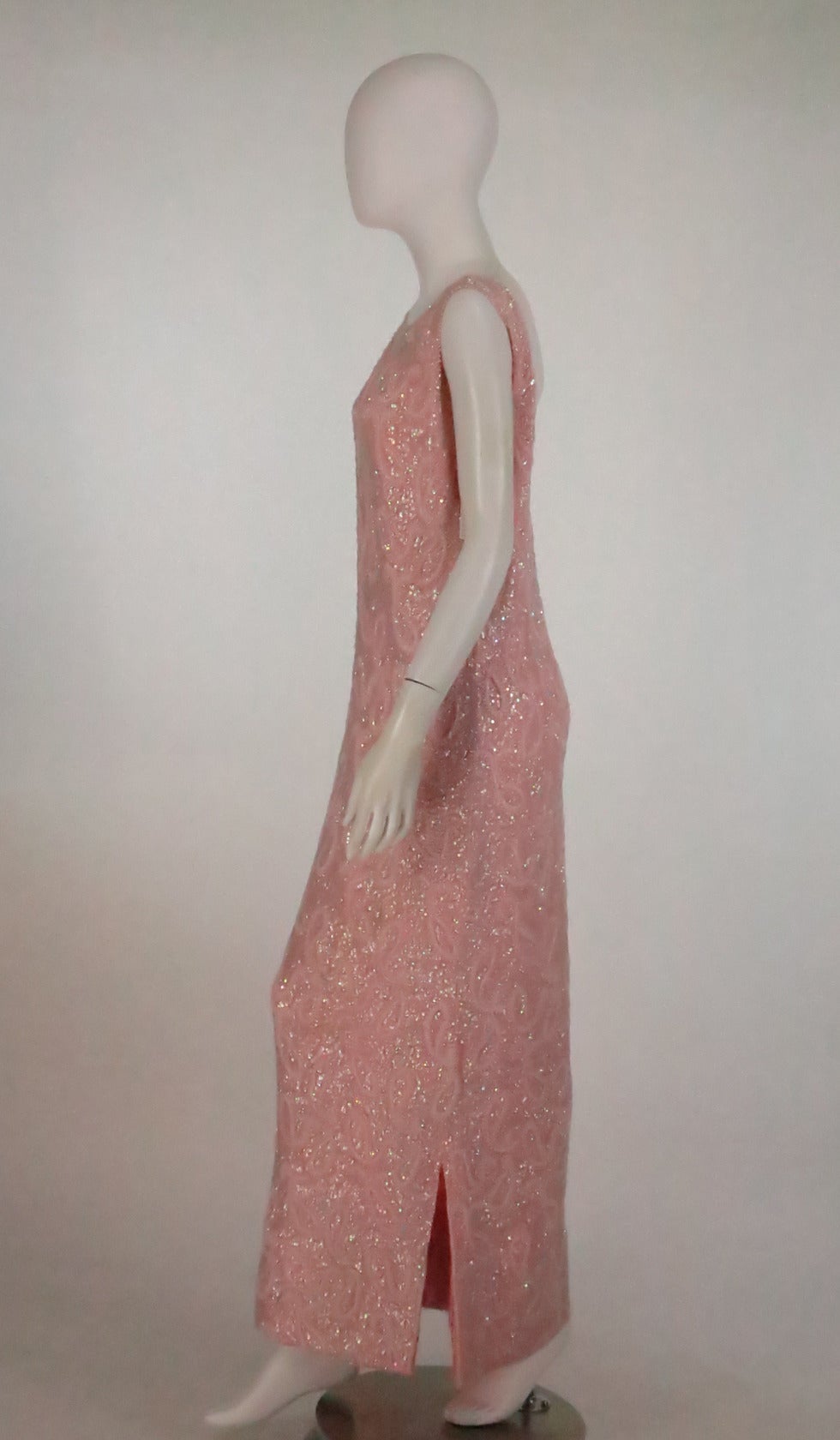 Brown Early 1960s pink beaded sweater knit evening gown Hong Kong