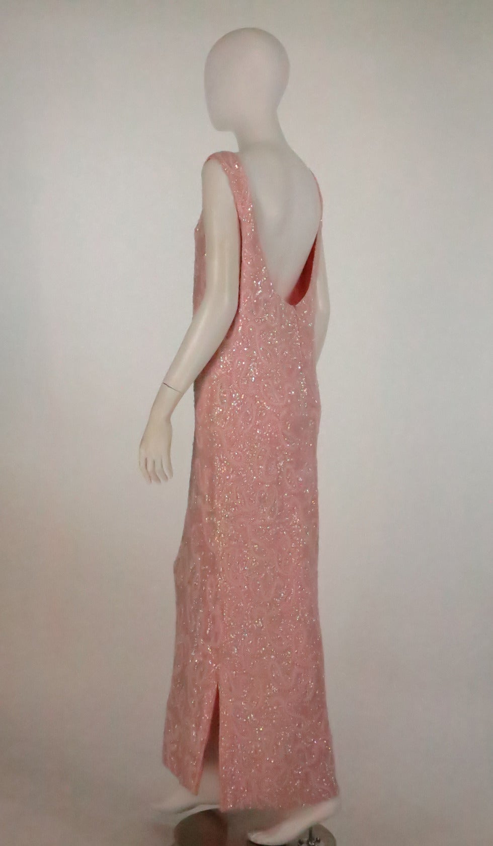 Early 1960s pink beaded sweater knit evening gown Hong Kong In Excellent Condition In West Palm Beach, FL